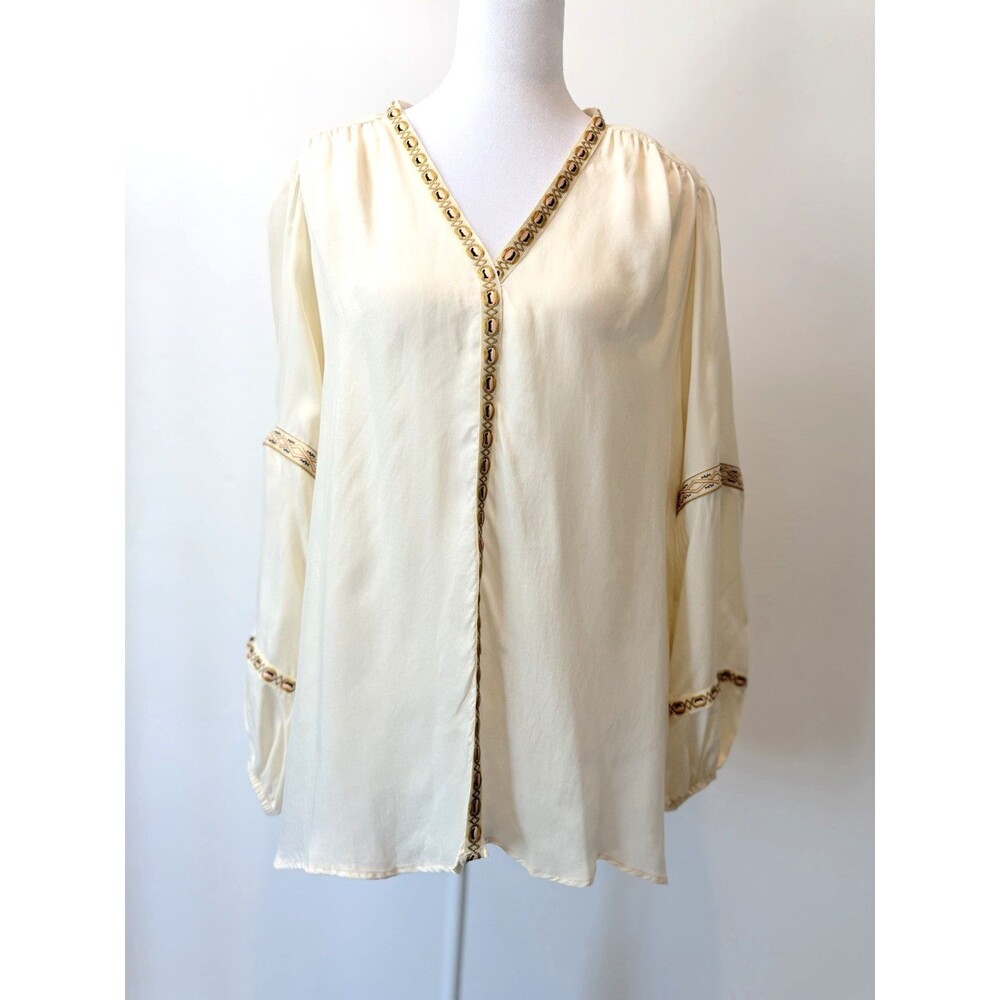 Spartina 449 Women's Embroidered Peasant Blouse XL Ivory Boho Bell Sleeve